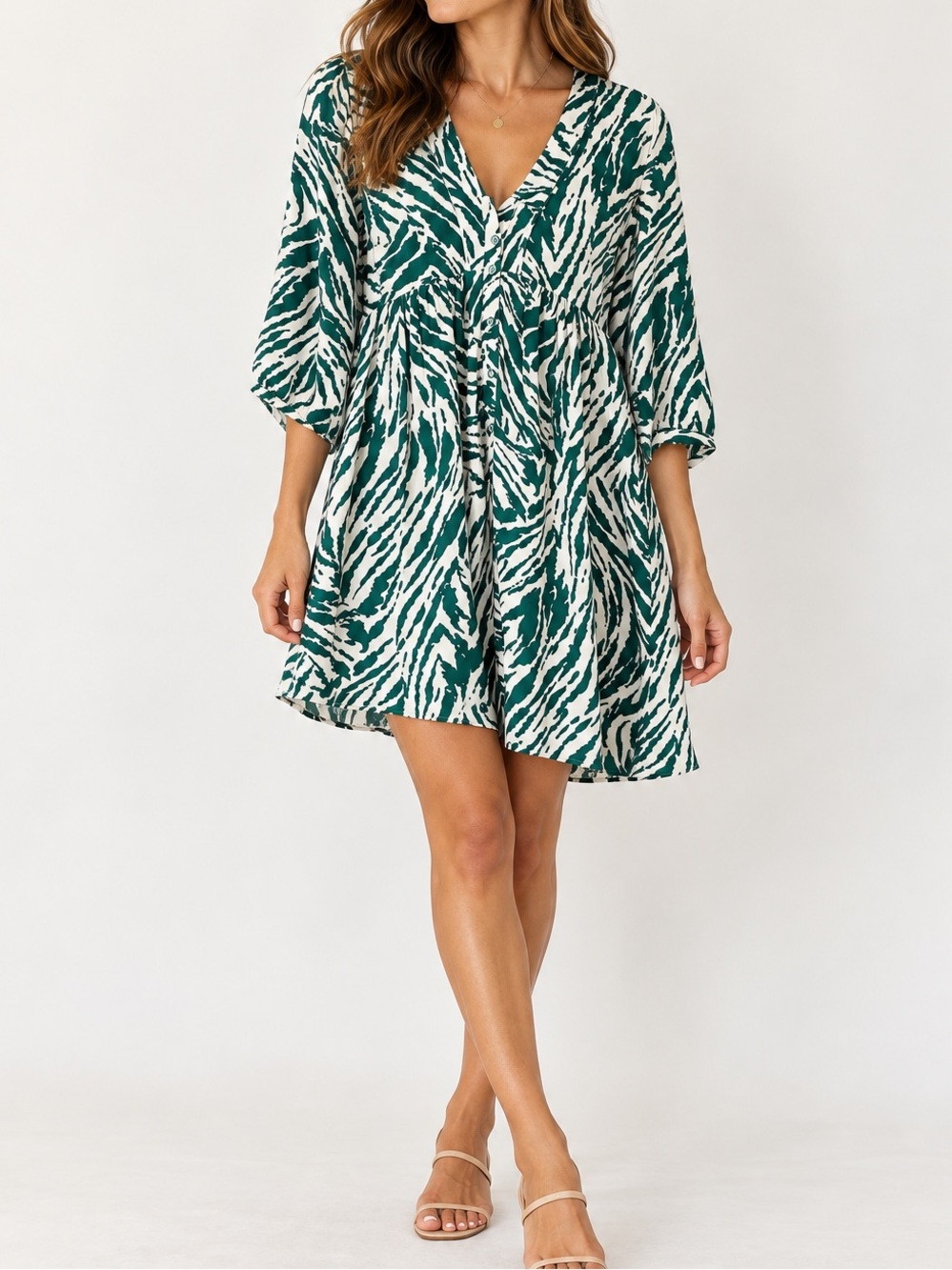 BA&SH Zebra Print Green Cream V-Neck Flowy Boho Mini Dress